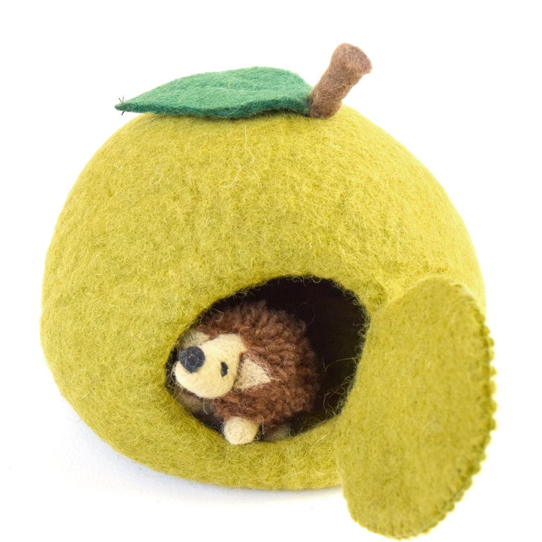 Felt Green Apple House with Hedgehog Toy - Tara Treasures