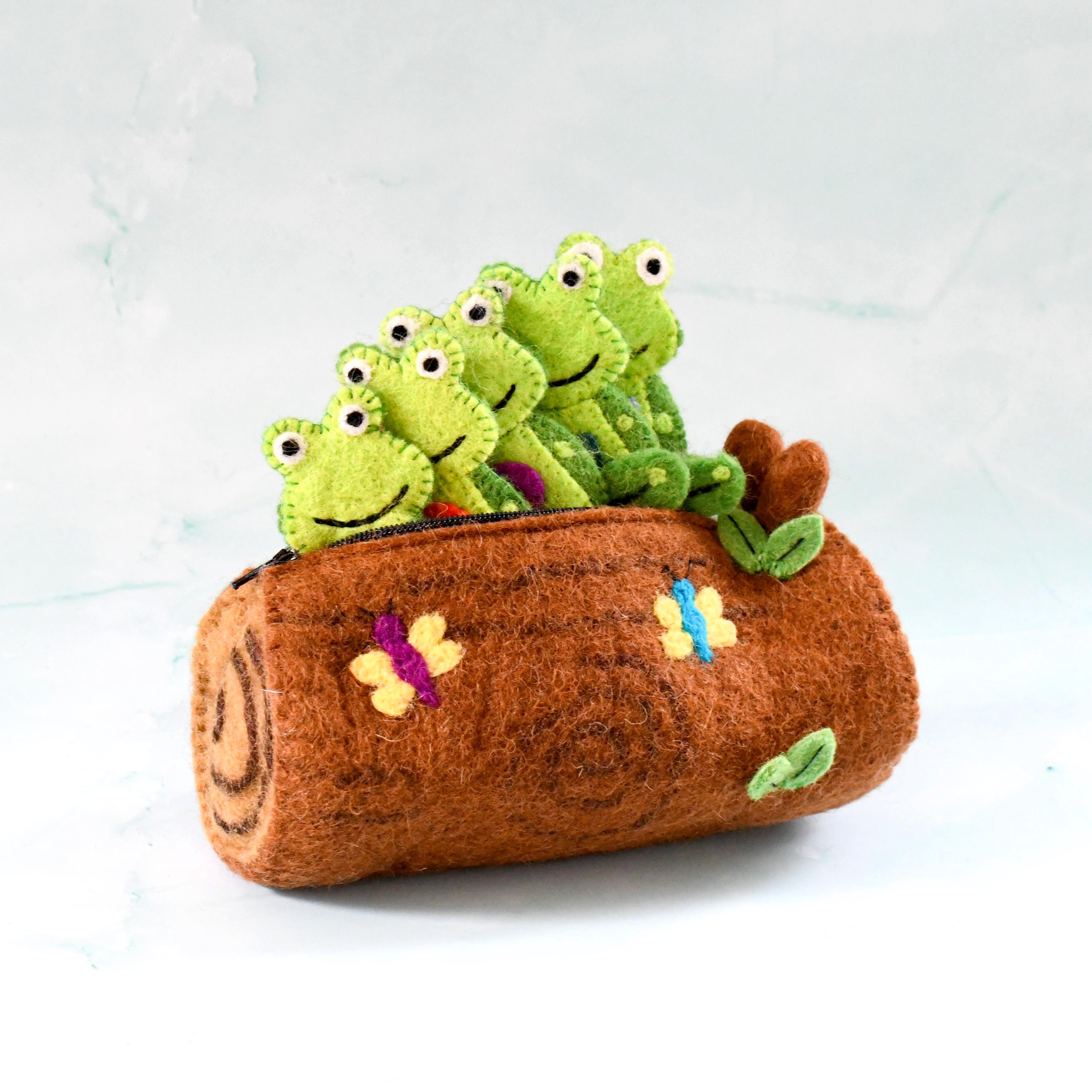 5 Little Speckled Frogs with Log Bag, Finger Puppet Set - Tara Treasures