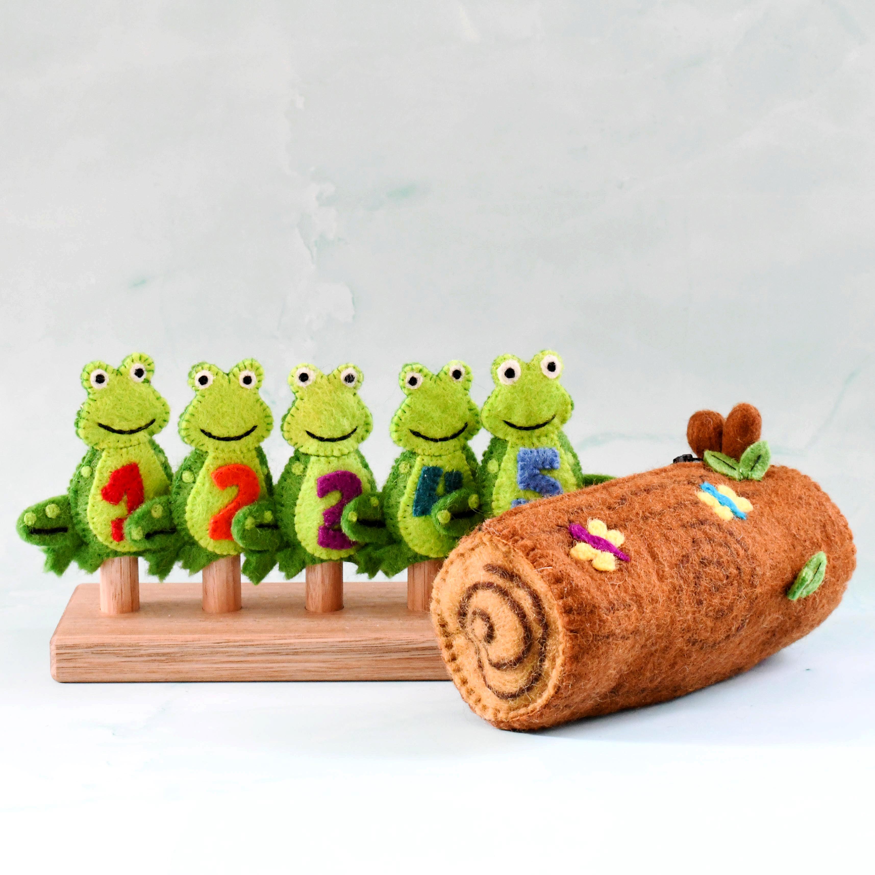 5 Little Speckled Frogs with Log Bag, Finger Puppet Set - Tara Treasures