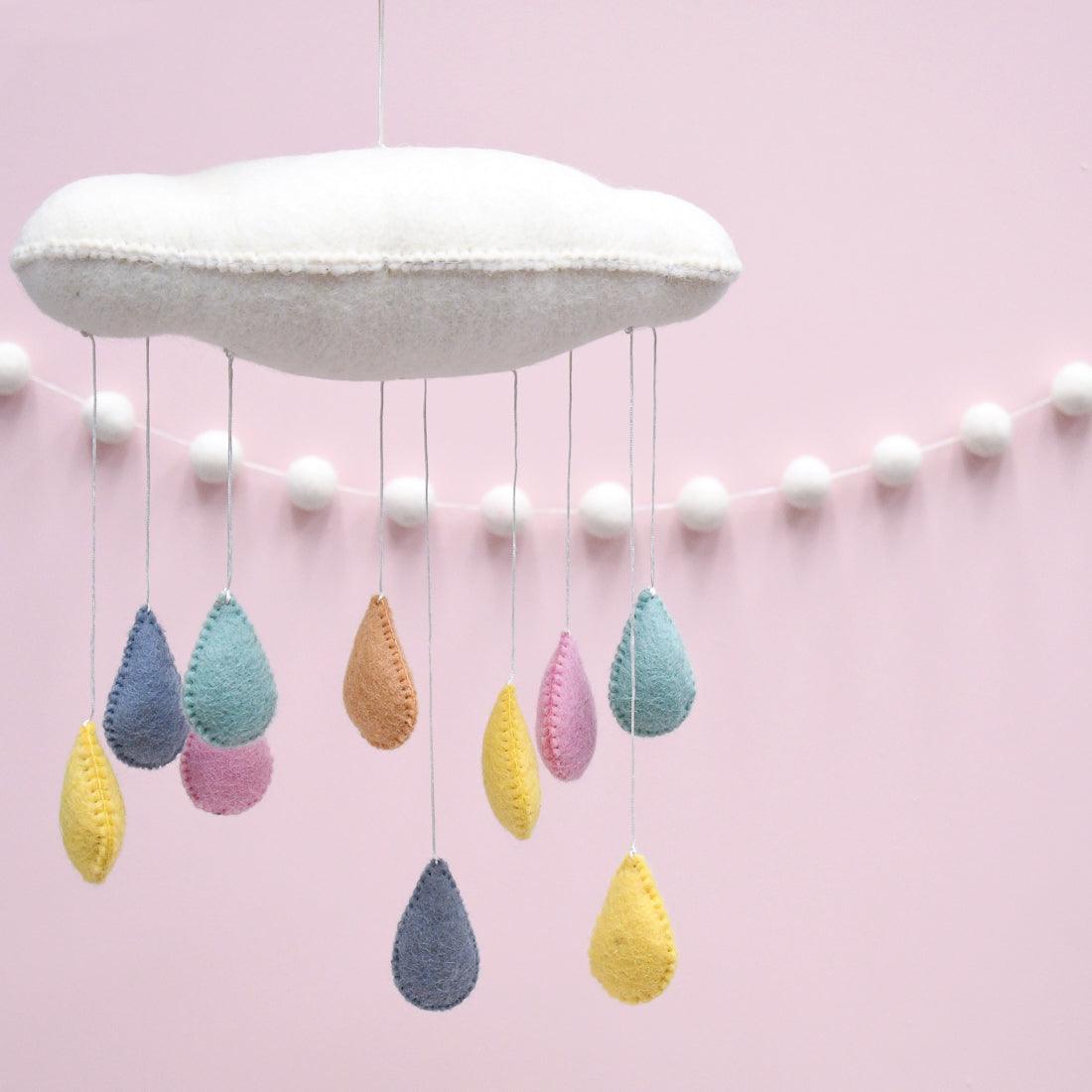Cloud Nursery Mobile with Raindrops - 3D Pastel - Tara Treasures