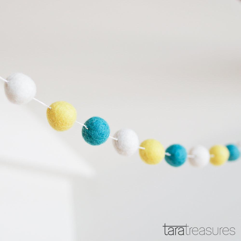 Pompom Ball Garland - White, Yellow and Blue - Tara Treasures