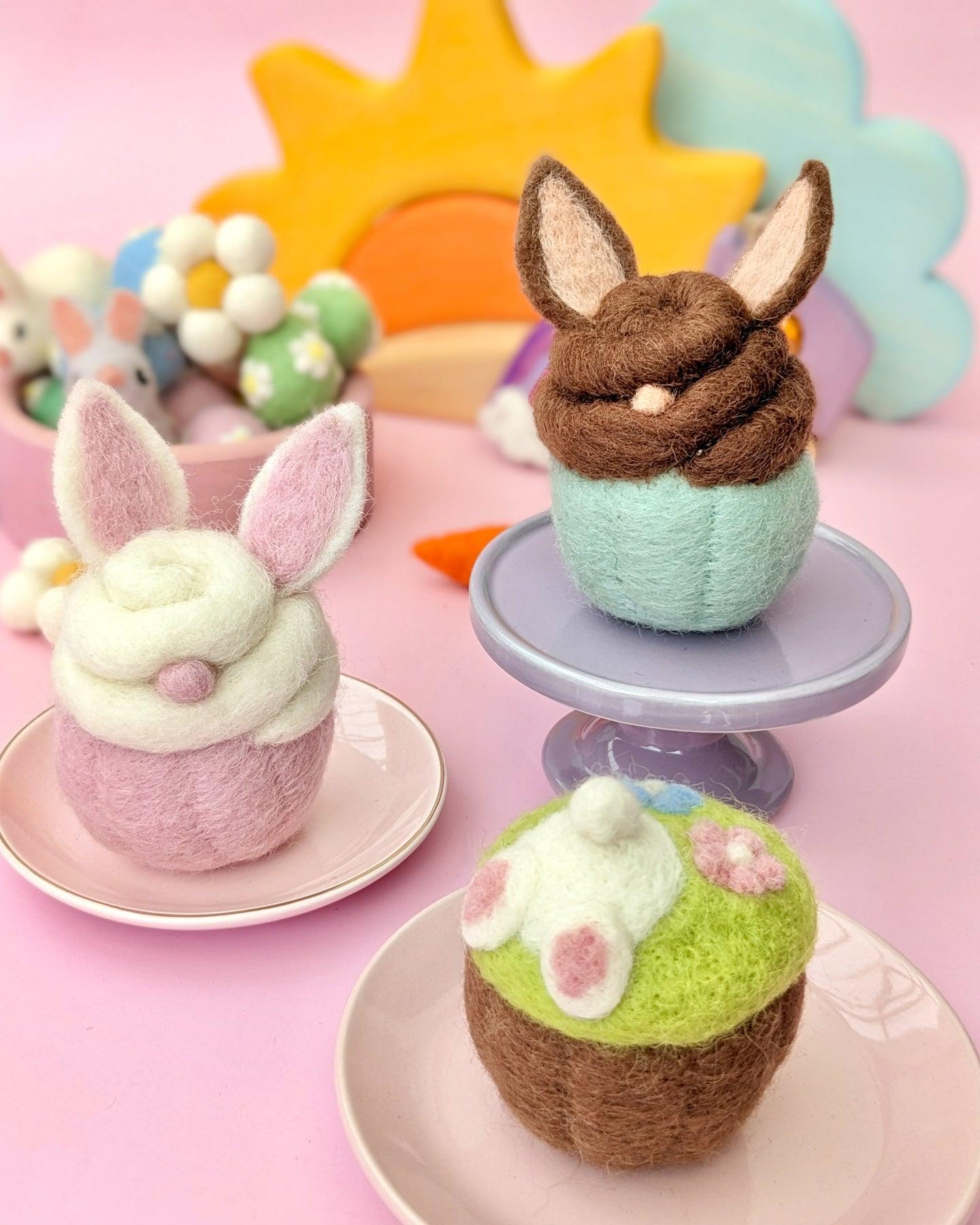 Felt Cupcake - Easter Burrowing Bunny with Flowers - Tara Treasures